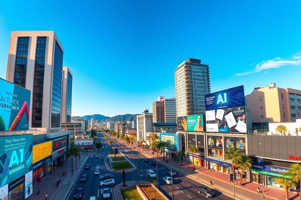 Vista panorâmica de Uberlândia com publicidade digital.