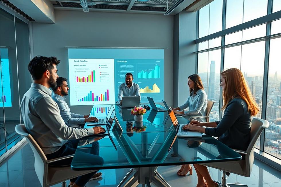 Profissionais em uma reunião de marketing focados em inovação e automação