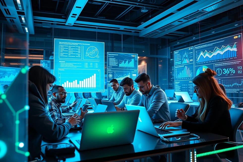 Grupo diverso de profissionais de marketing usando tecnologia para otimizar Google Ads em um ambiente colaborativo.