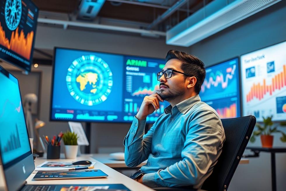 Um empresário pensativo cercado por gráficos digitais, representando a integração da IA no marketing.