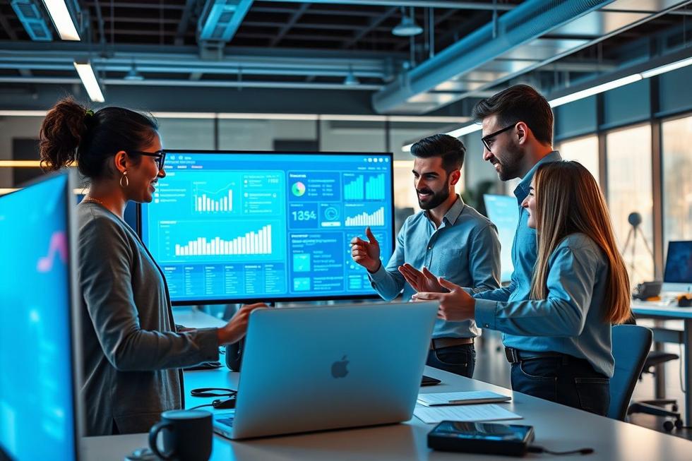 Equipes de marketing e vendas colaborando com tecnologia de IA.