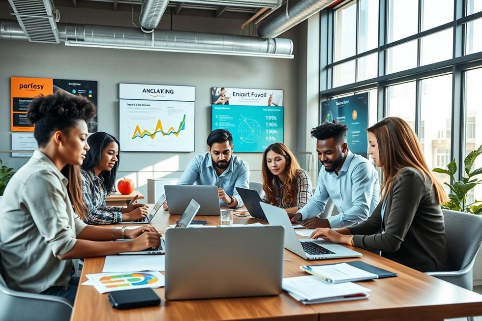 Uma cena de escritório com profissionais discutindo sobre link building.