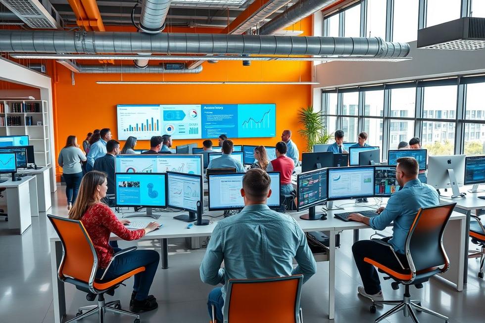 Cenário de trabalho com profissionais de marketing digital em ação.