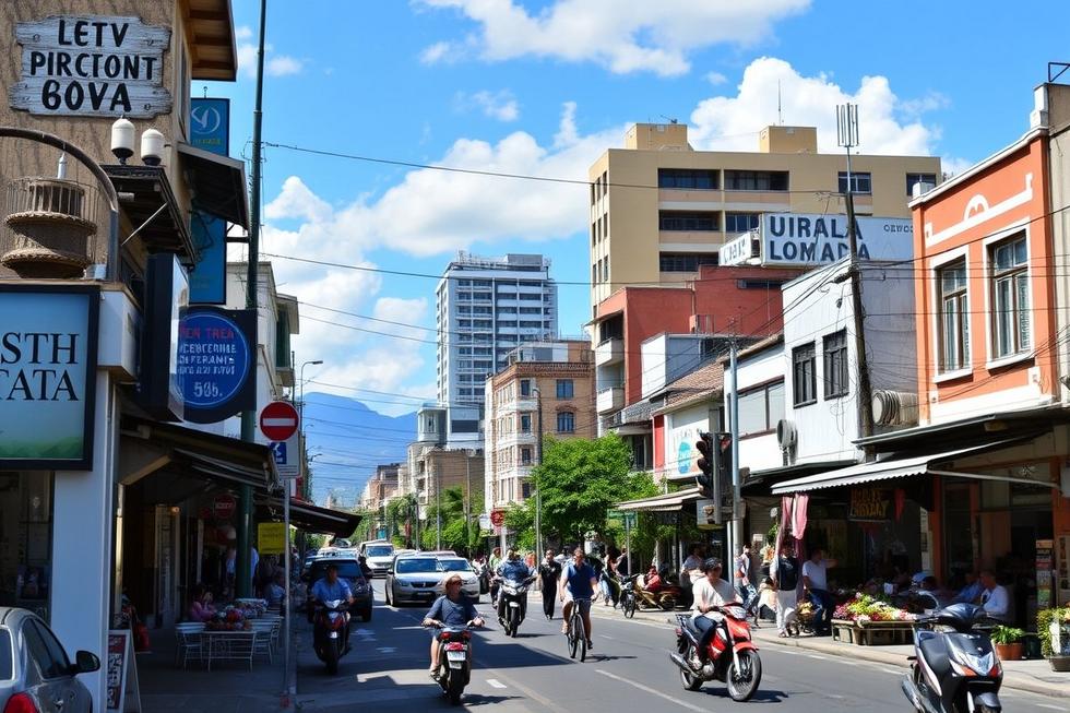 Vista da cidade de Uberlândia, destacando negócios locais e vida urbana.