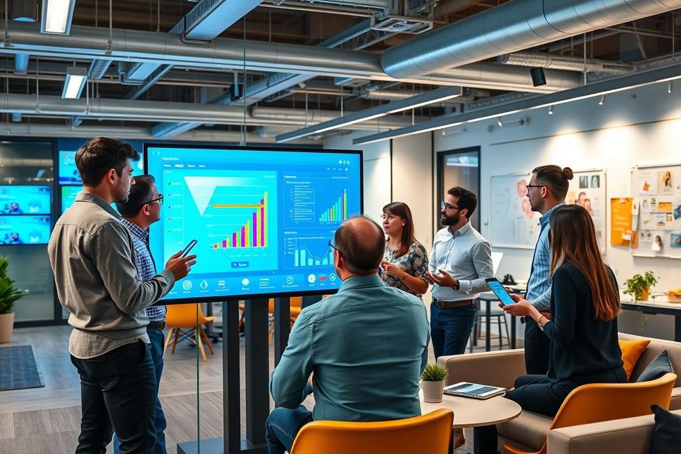 Times de vendas e marketing colaborando.