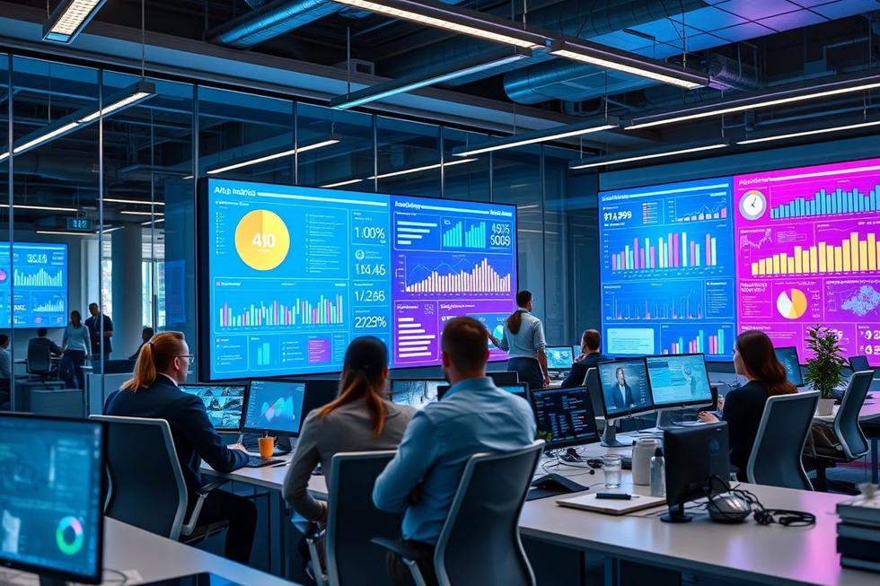 Especialistas em marketing digital colaborando sobre estratégias com IA.