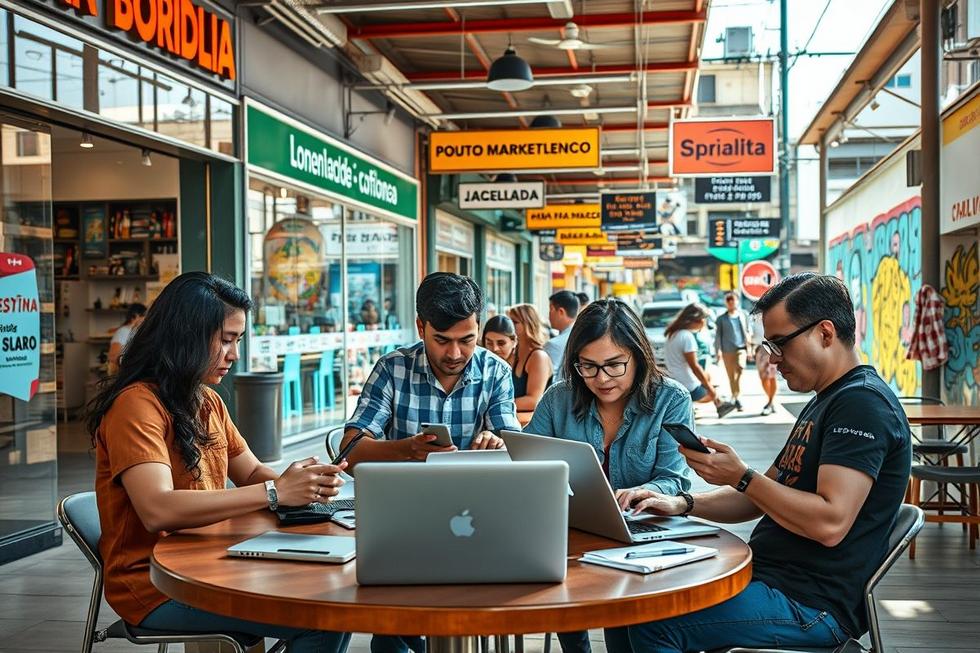 Pequenos empresários em Uberlândia utilizando ferramentas de marketing digital.