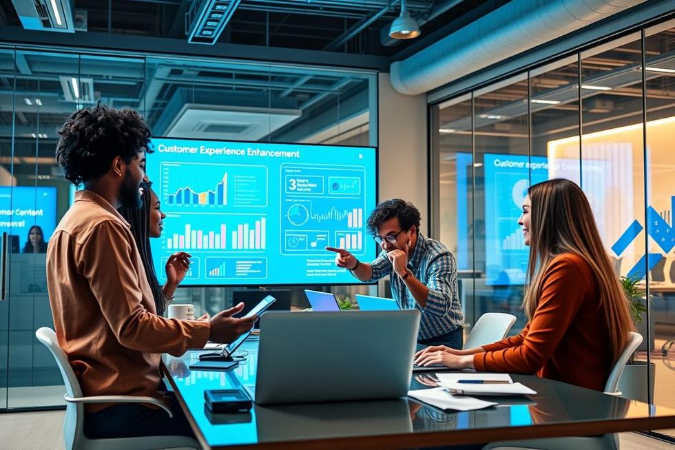 Profissionais colaborando em uma reunião para otimizar a jornada do cliente no marketing digital.