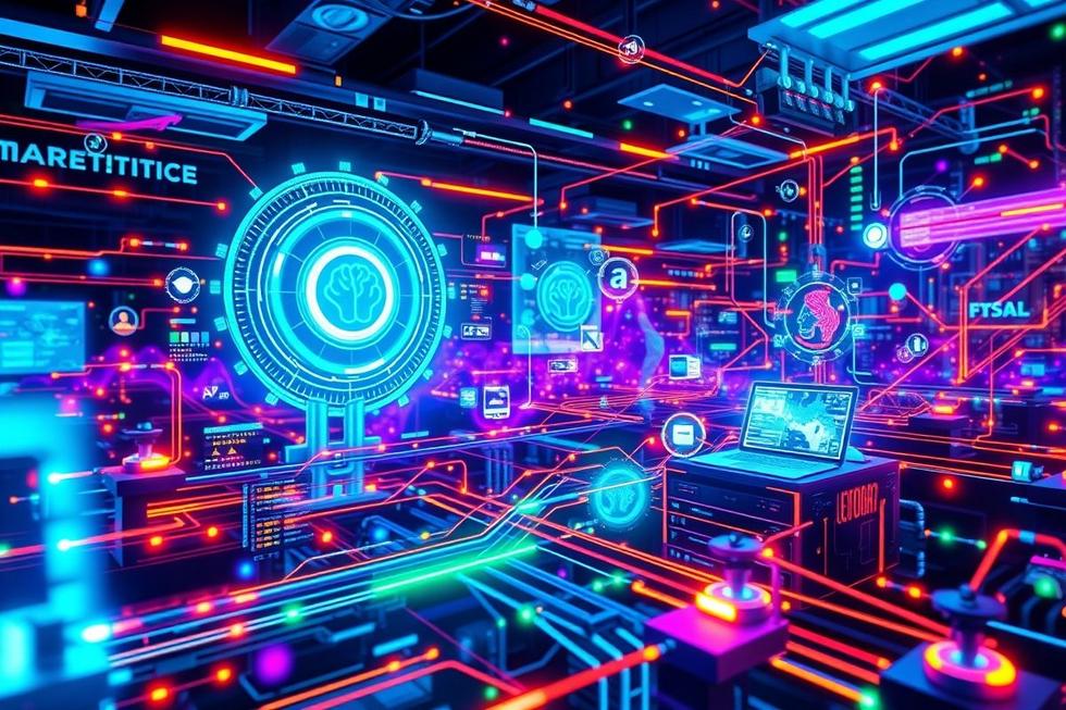 Paisagem digital com ferramentas de marketing e inteligência artificial.