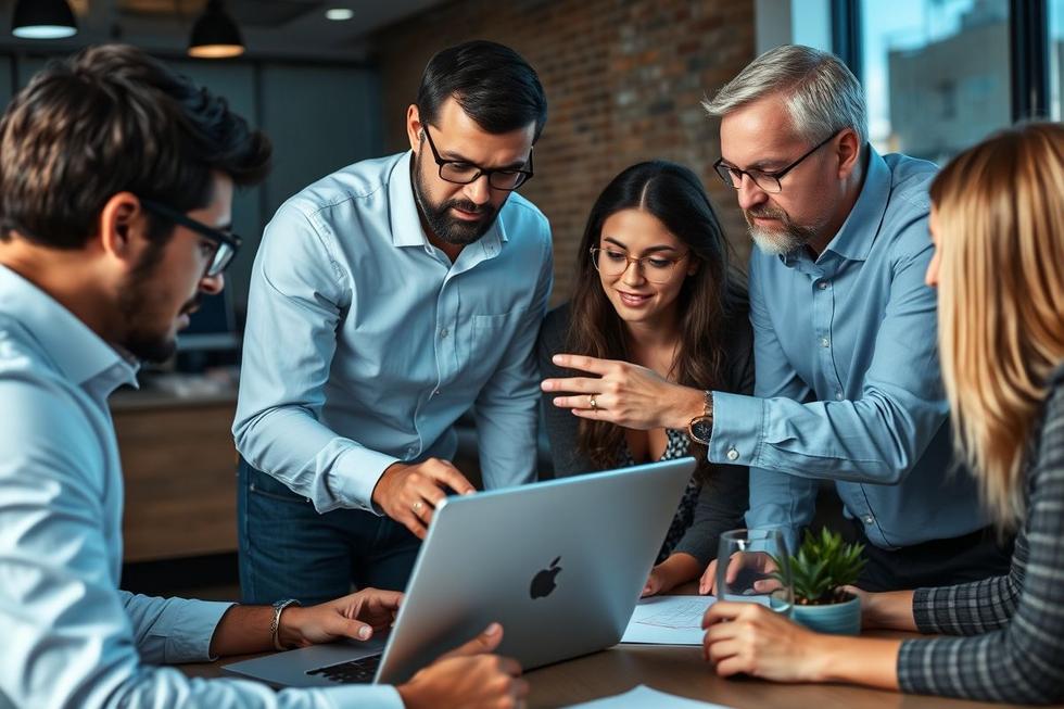 Profissional discutindo estratégias de SEO com a equipe.