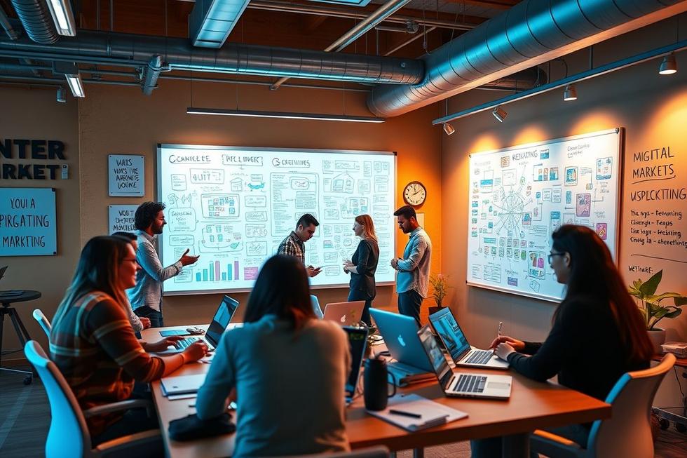 Ambiente de trabalho vibrante focado em marketing digital.