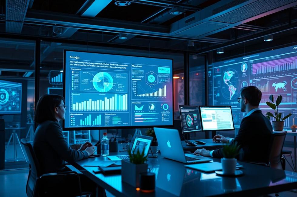 Profissionais interagindo em um ambiente digital focado em marketing.