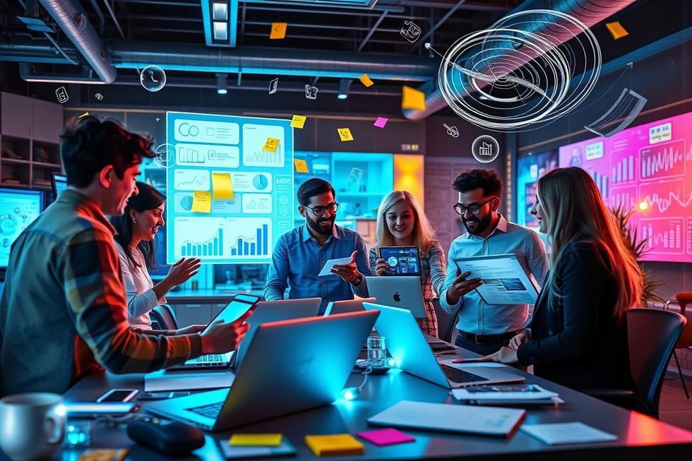 Equipe discutindo estratégias de marketing digital.