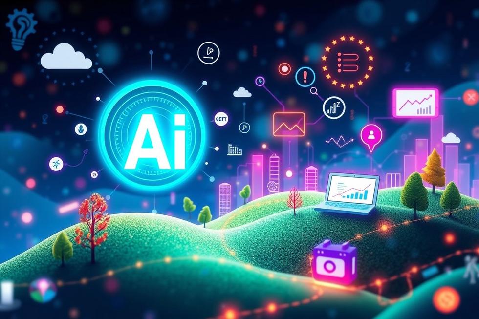 Paisagem digital do marketing mostrando diversas ferramentas e ícones de inovação.