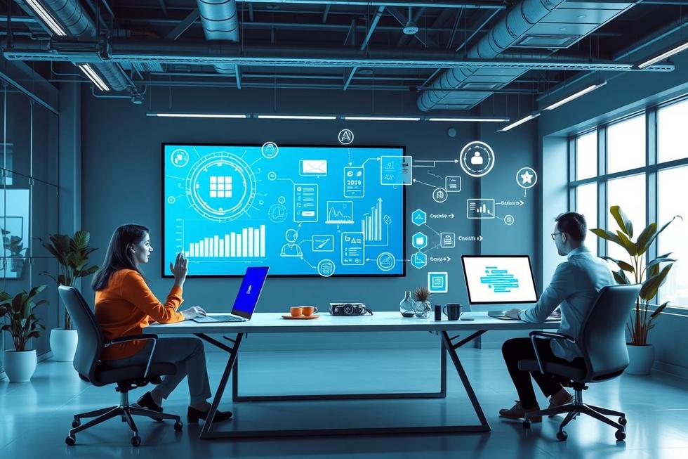 Sessão de estratégia de marketing digital em um espaço de trabalho moderno.