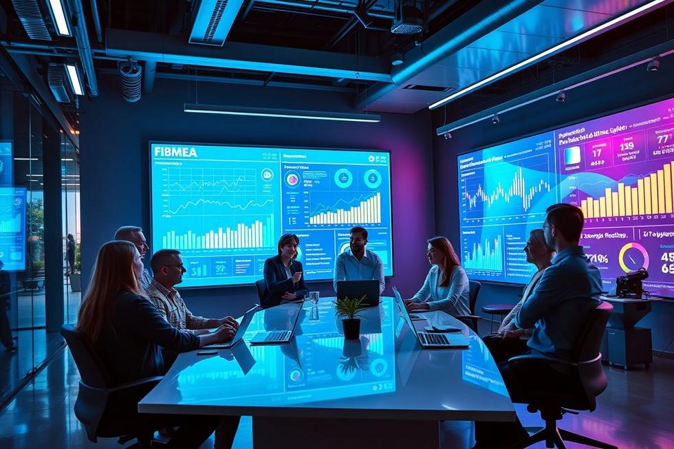 Equipe colaborando em uma campanha de marketing digital B2B.