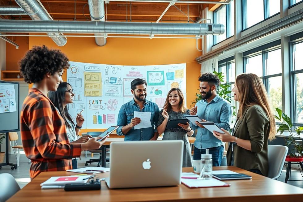 Profissionais de marketing de diversas backgrounds trocando ideias sobre storytelling.