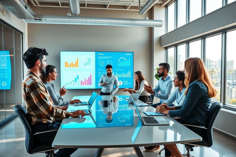 Grupo de empreendedores e profissionais de marketing colaborando em Uberlândia.