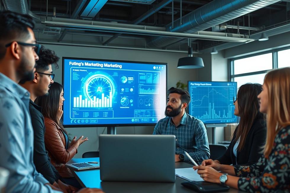 Empreendedores discutindo sobre inovações no marketing digital com foco em IA.