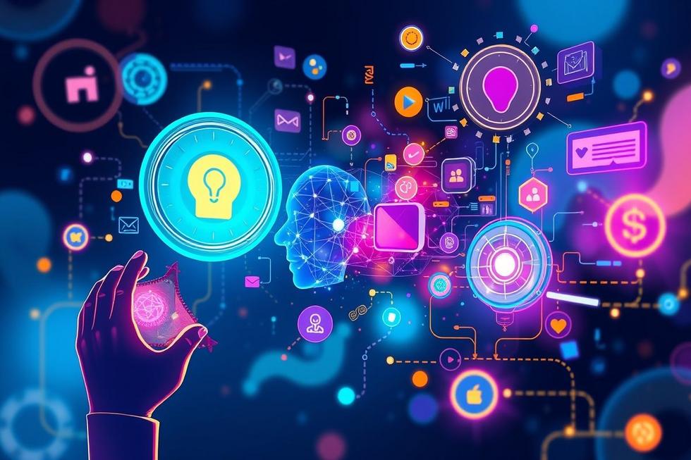 Um collage representando a personalização, IA e conexões humanas no marketing.