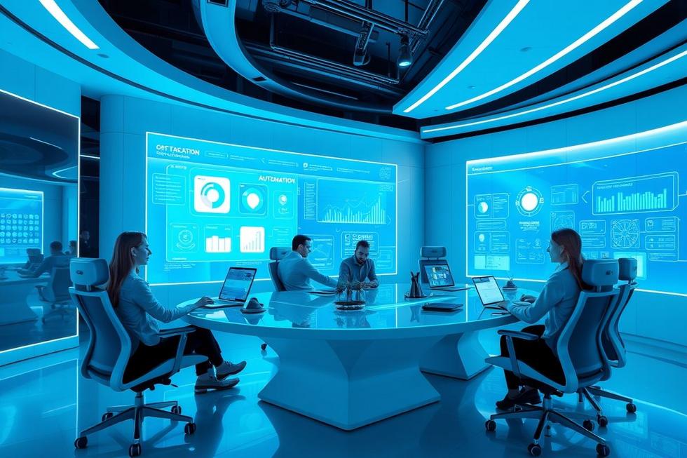 Ambiente de trabalho futurista com ferramentas de automação digital em ação.
