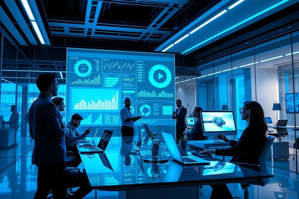 Espaço de trabalho digital futurista com CRM alimentado por IA.