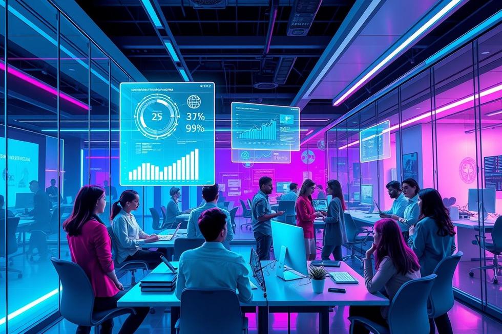 Grupo de profissionais de marketing em uma reunião sobre IA.