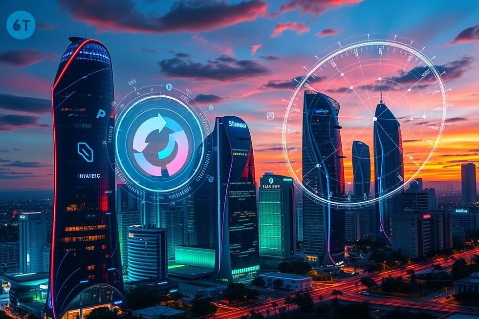 Imagem de um horizonte futurista de Uberlândia, incorporando elementos de tecnologia de marketing.