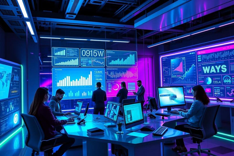 Um ambiente digital de marketing futurista com foco em colaboração e tecnologia.