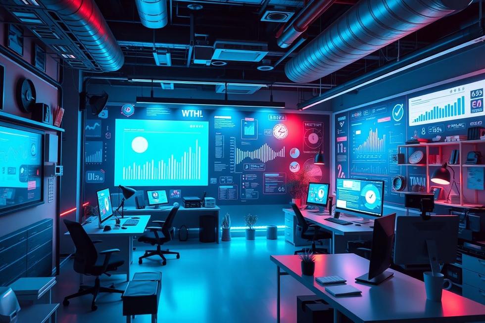 Ambiente moderno de trabalho voltado para o marketing digital.