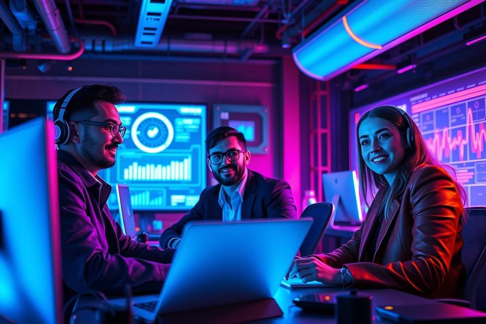 Empreendedores utilizando tecnologia de IA em marketing digital com enfoque em inovação.