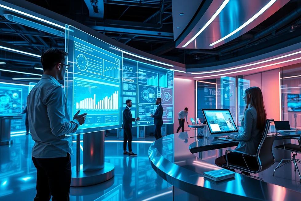 Ambiente de escritório moderno com profissionais de marketing utilizando tecnologia IA.