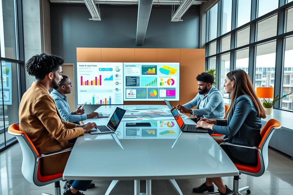 Imagem de profissionais de marketing digital debatendo sobre funis de vendas.