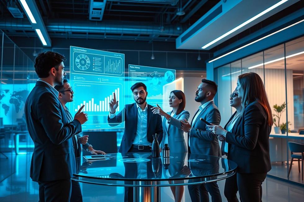Profissionais de negócios utilizando IA para aprimorar vendas.