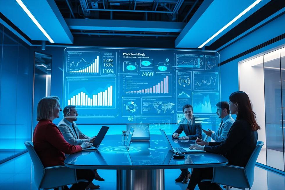 Uma equipe diversificada utilizando tecnologias avançadas de IA para melhorar vendas.