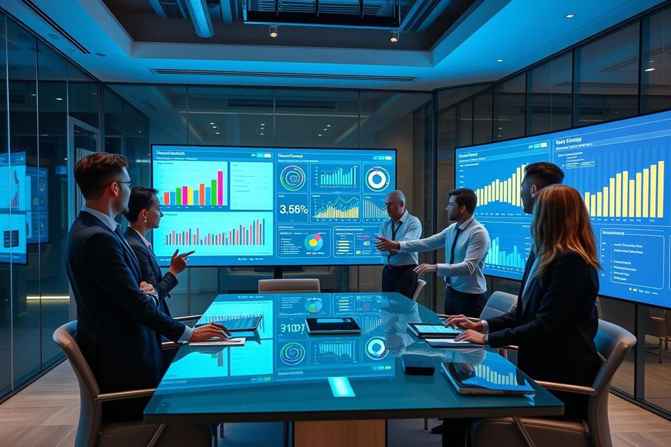 Profissionais em ambiente corporativo analisando métricas de sucesso no marketing digital.