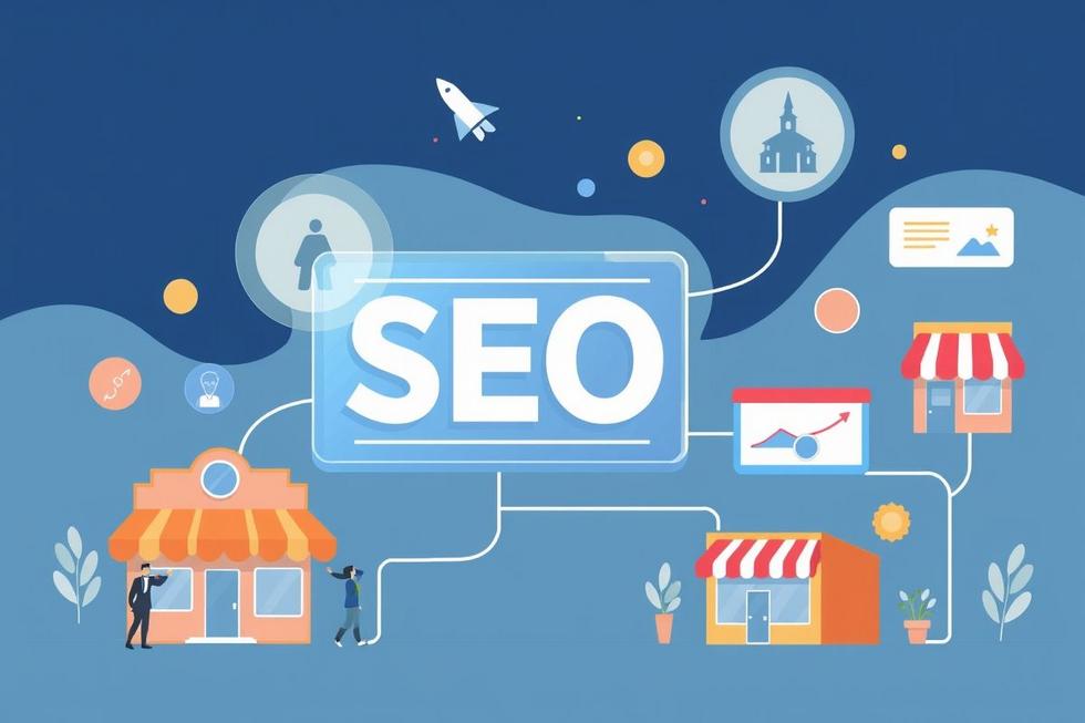 Ilustração de pequenas empresas conectadas com serviços de consultoria SEO.