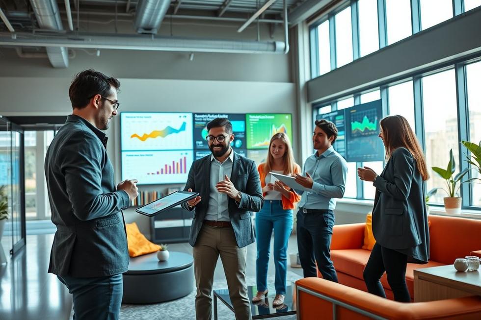 Empresários analisando dados e estratégias em um ambiente moderno.