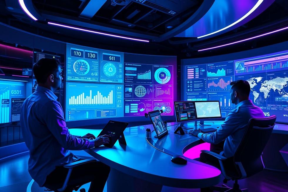 Profissionais de vendas utilizando ferramentas de IA em um ambiente moderno.