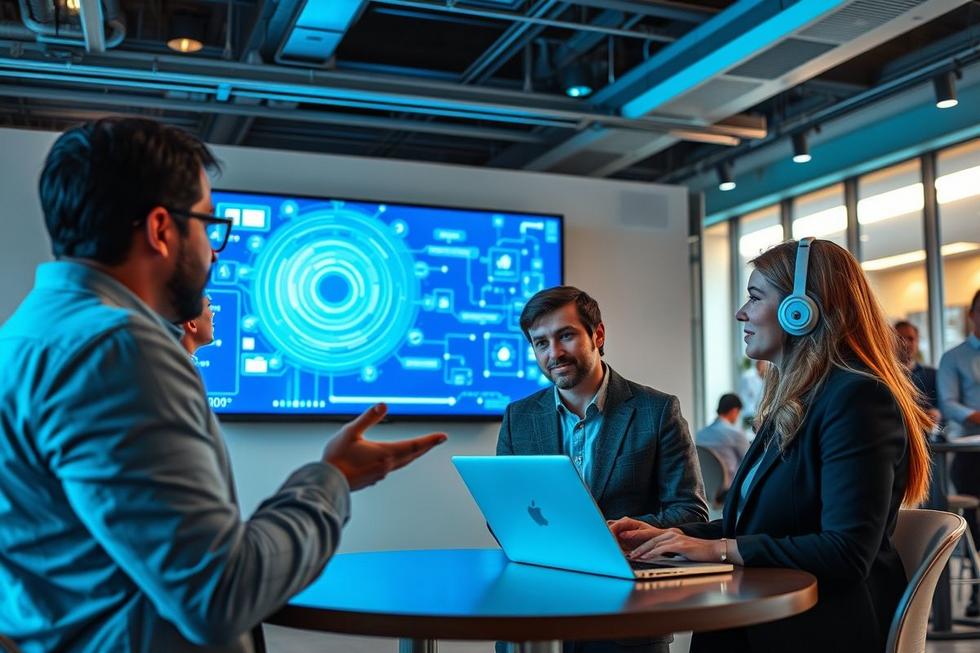 Profissionais em Uberlândia falando sobre marketing digital e inteligência artificial.