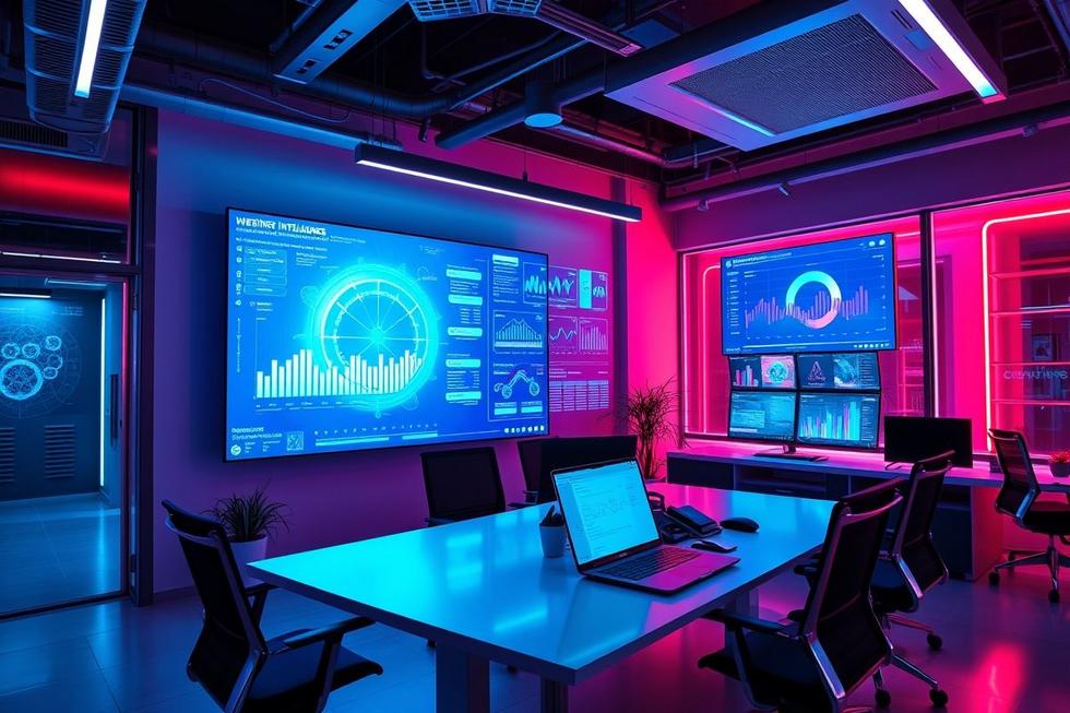 Espaço de trabalho de marketing profissional apresentando ferramentas de IA futuristas.