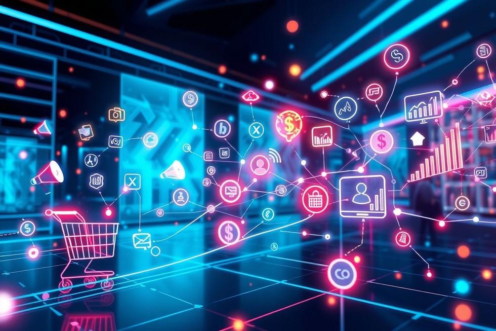 Representação dinâmica do impacto da IA nos negócios de marketing e vendas.