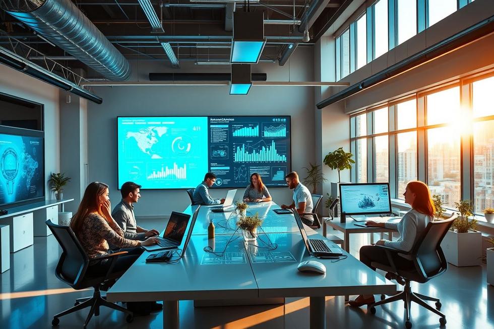 Espaço de trabalho colaborativo em uma agência de marketing em Uberlândia.