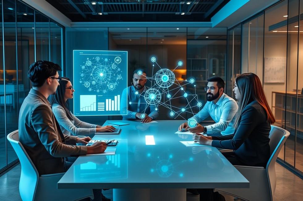 Grupo de profissionais discutindo estratégias de marketing potencializadas por IA.