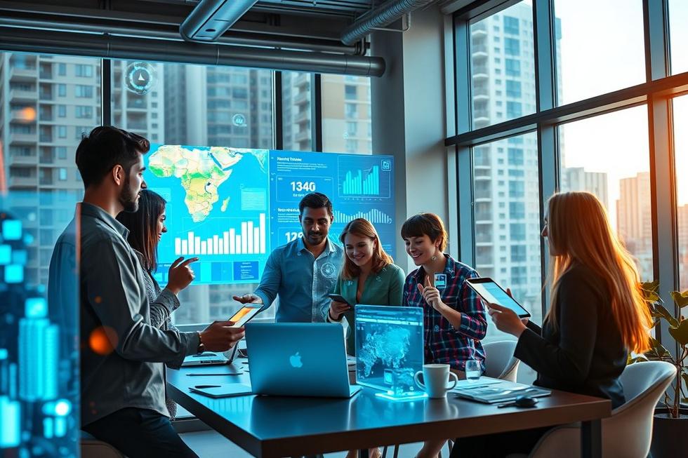 Profissionais de marketing em Uberlândia explorando o futuro com ferramentas de IA.