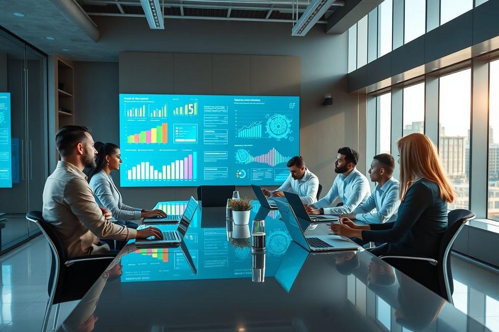 Grupo de profissionais discutindo estratégias de vendas com foco em inteligência artificial.