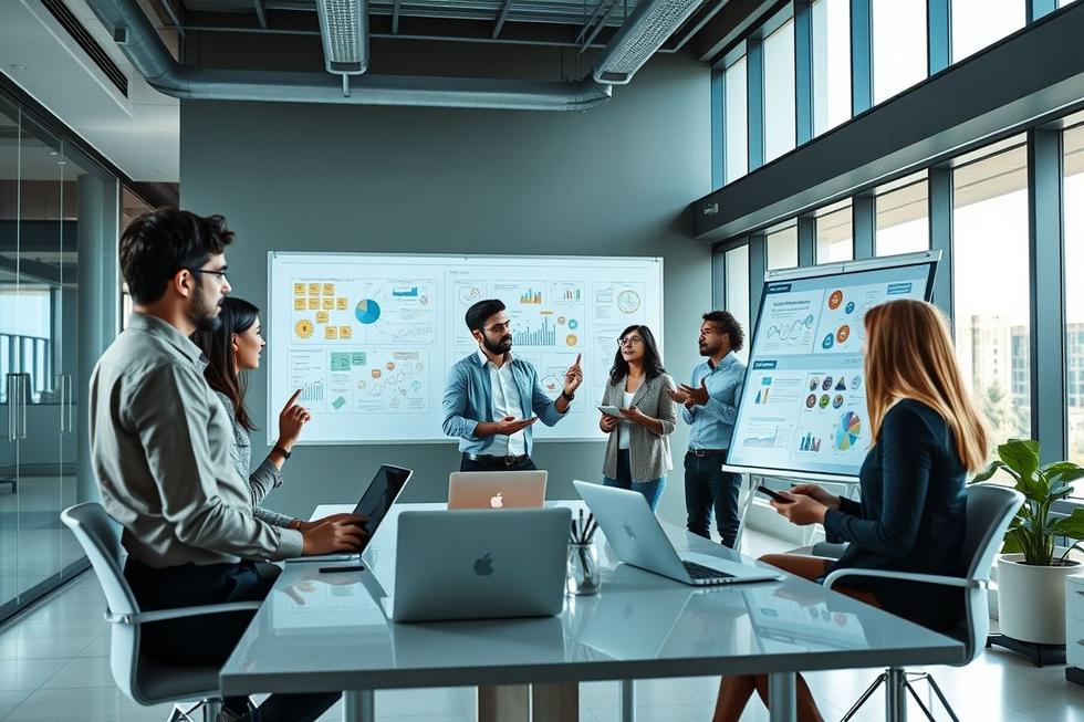 Profissionais de marketing discutindo estratégias de inteligência artificial em um ambiente de escritório moderno.