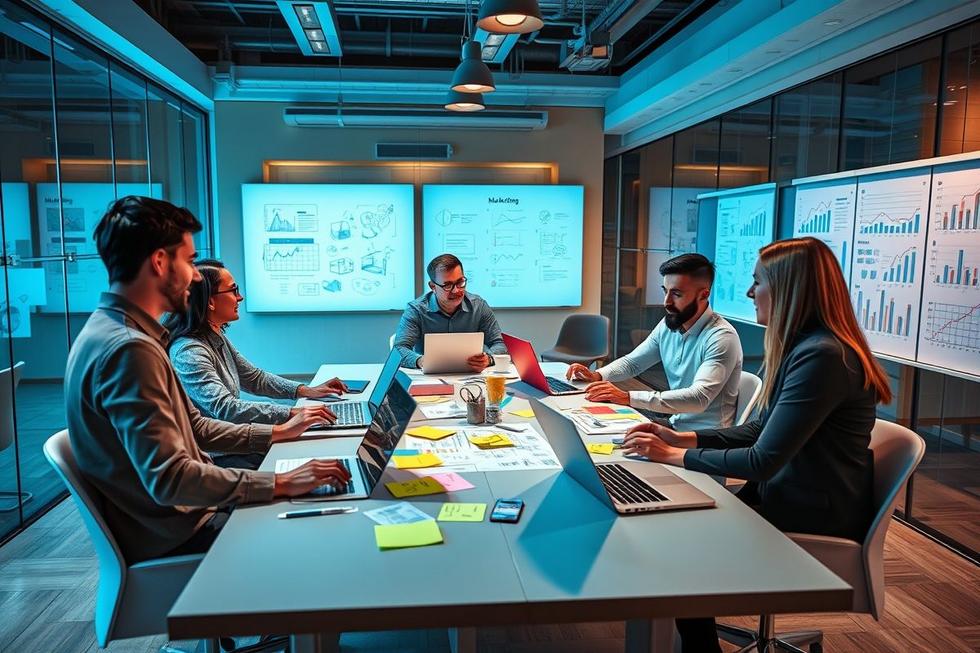 Profissionais de marketing colaborando em uma estratégia.