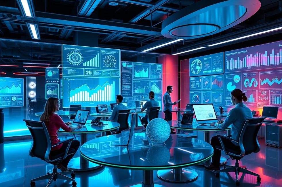 Profissionais utilizando ferramentas de IA em um escritório moderno.