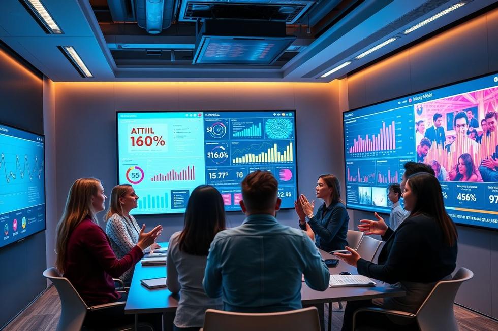 Equipe de marketing focando em estratégias inovadoras de inteligência artificial.